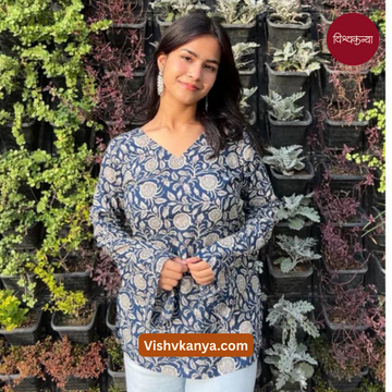 Navy Blue Kurti with Delicate Floral Patterns