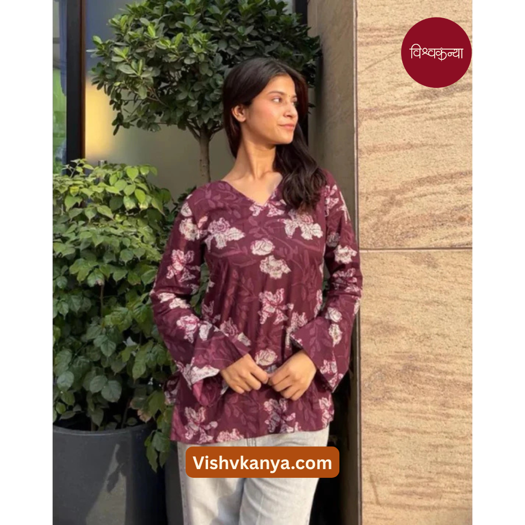 Floral Printed Wine Cotton Kurti