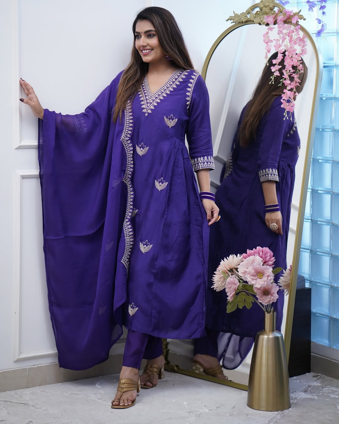 Soft Rayon Embroidered Kurta Set with Chanderi Dupatta