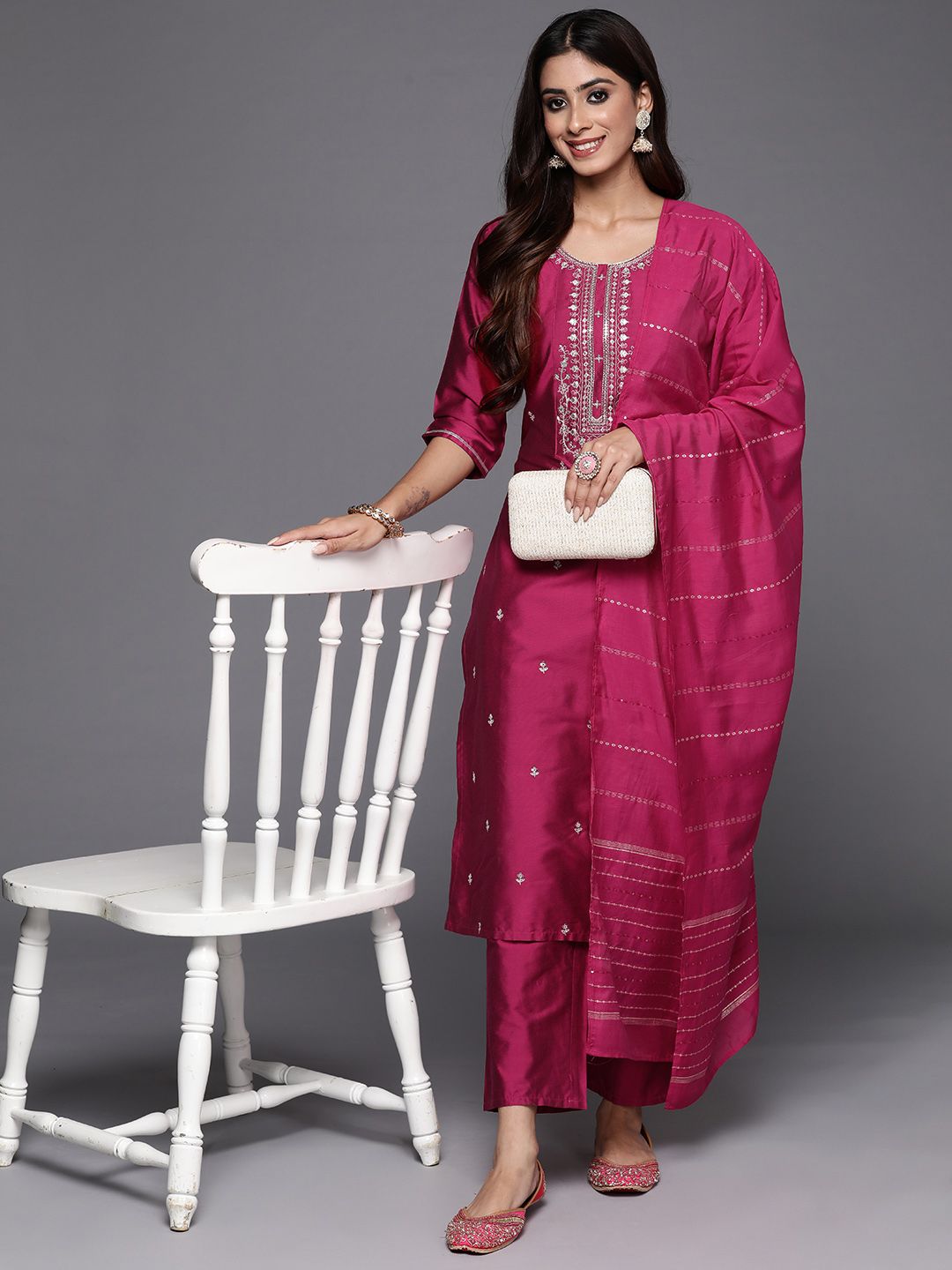Pink Viscose Bland Kurta Set With Dupatta