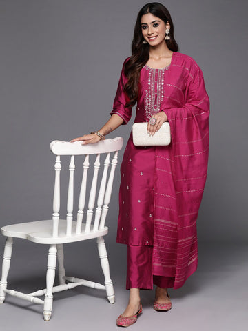 Pink Viscose Bland Kurta Set With Dupatta