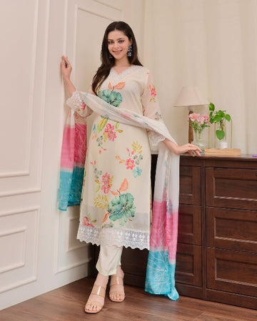 Off-White Embroidered Kurta Set with Dupatta