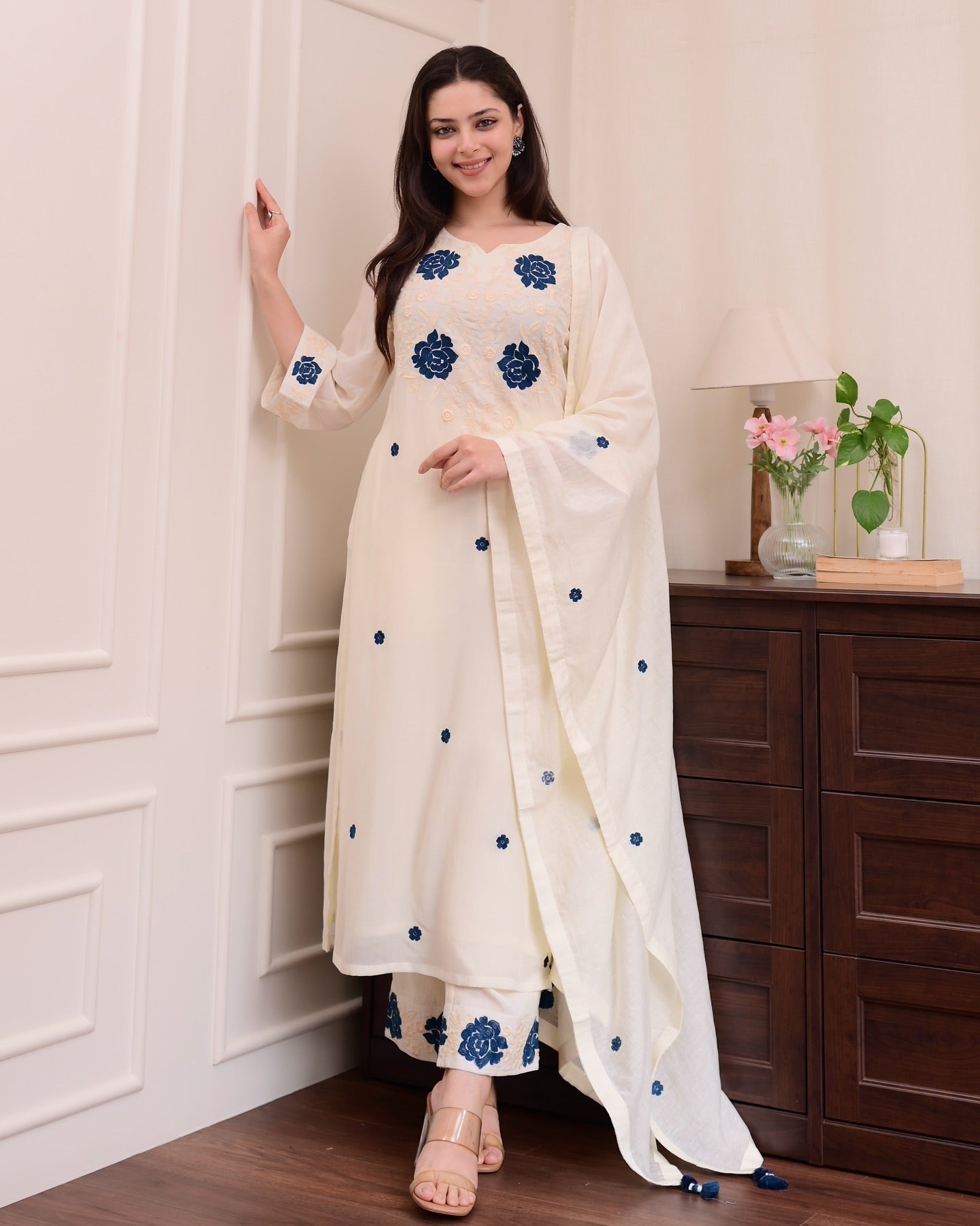 Off-White Rayon Slub Kurta Set with Chanderi Dupatta