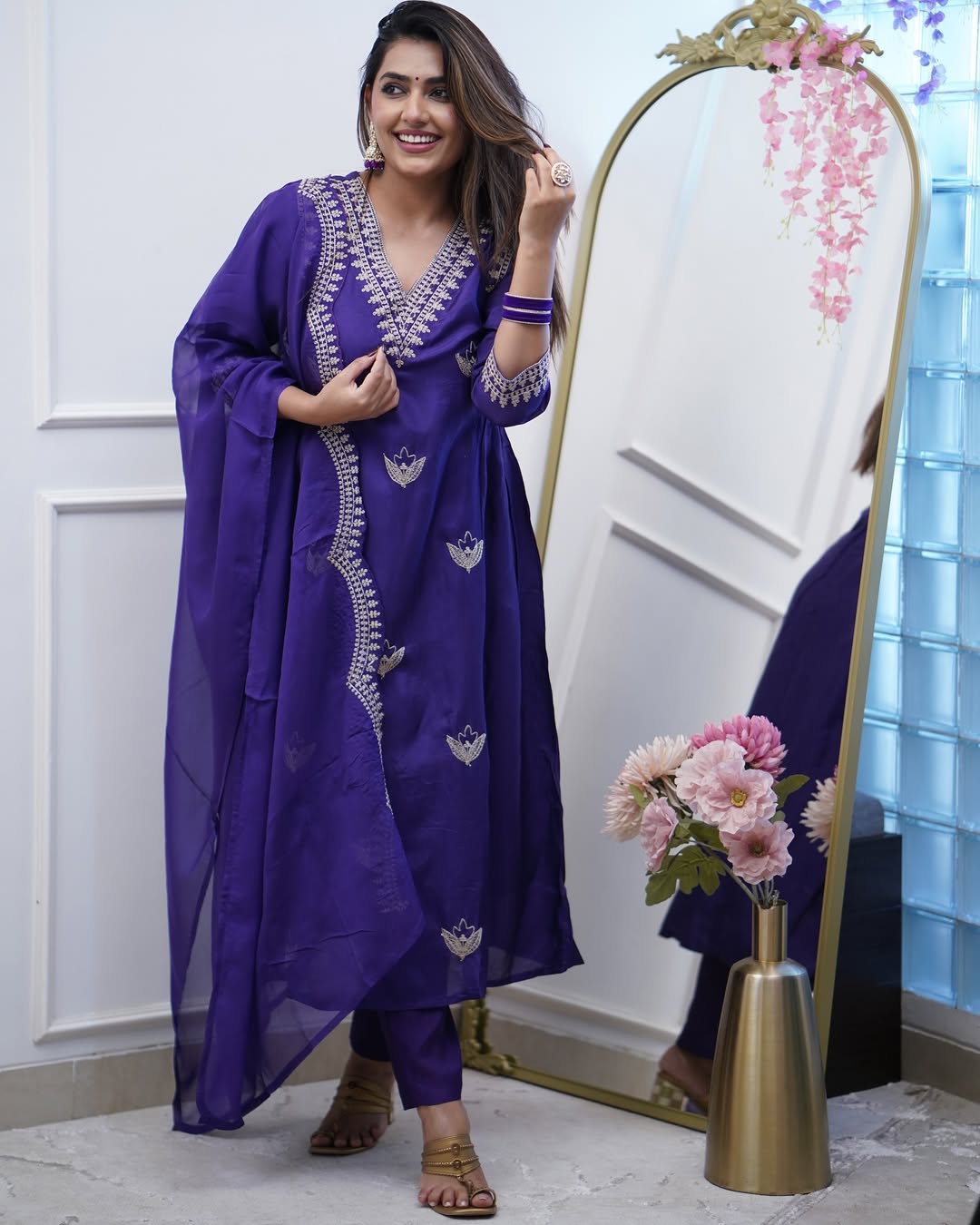 Soft Rayon Embroidered Kurta Set with Chanderi Dupatta
