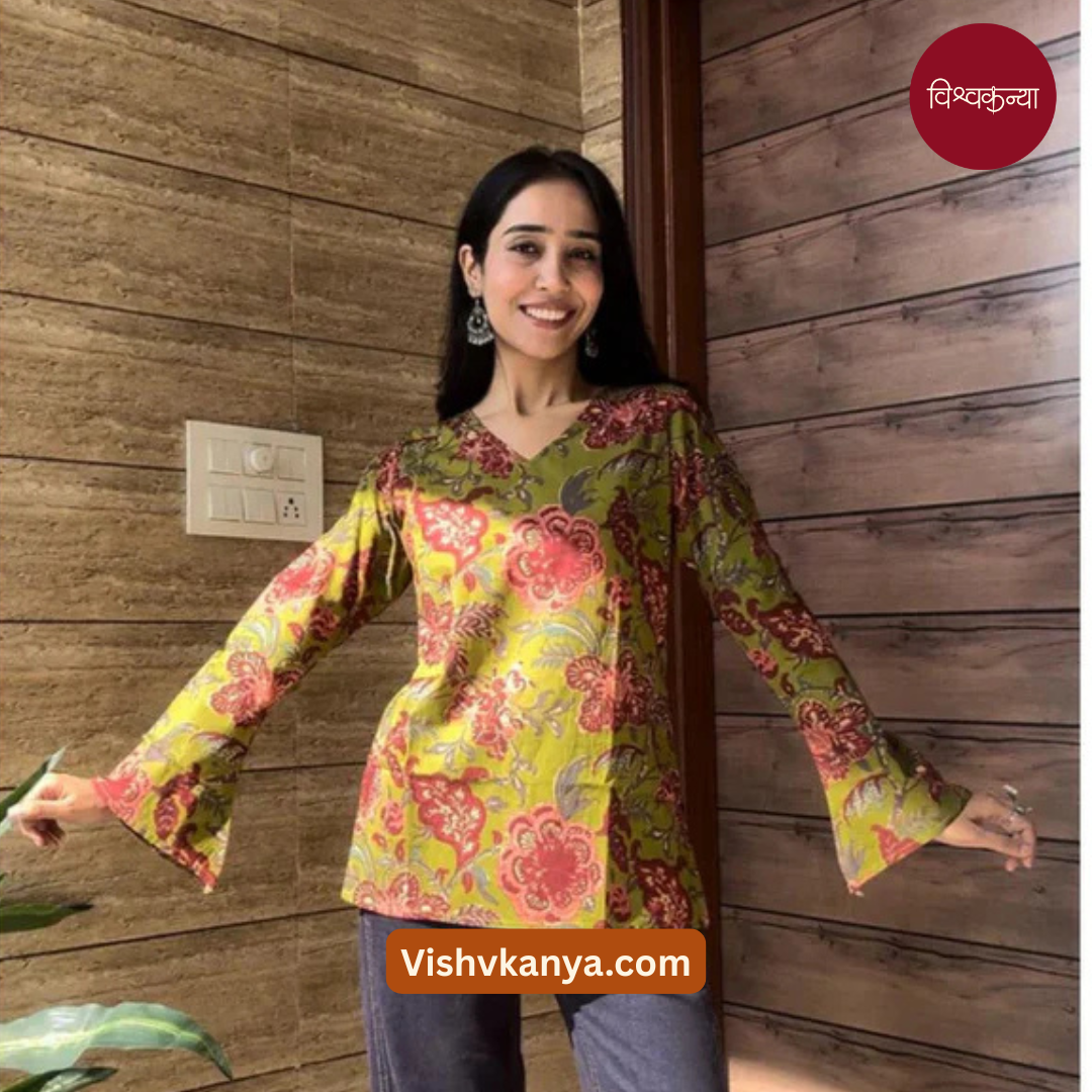 Short Kurti with Floral Design in Mehndi Green