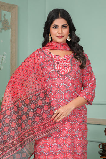 Chanderi Cotton Printed Kurta Set With Dupatta