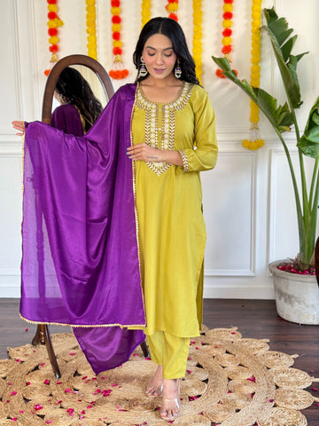 Rayon Slub Kurta Set With Dupatta