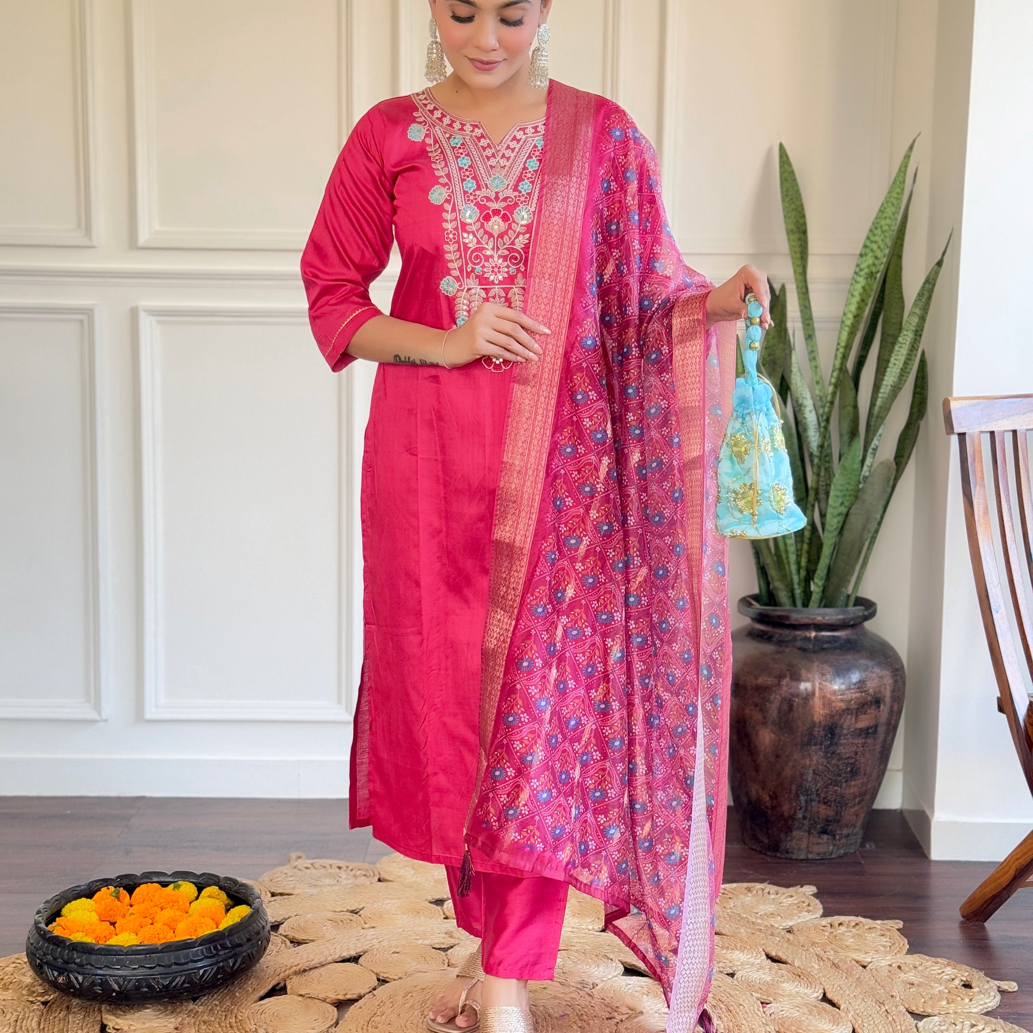 Women Embroidered CHANDERI & ORGENZA BUTTI DUPAATA SET