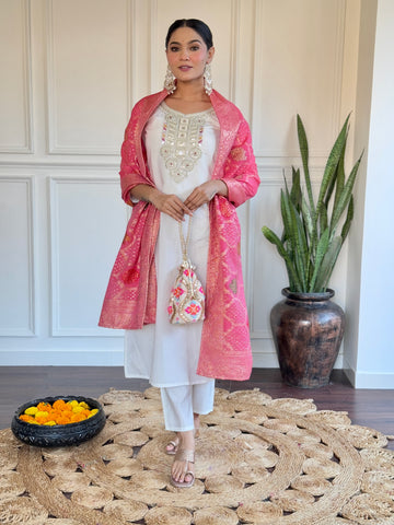Women Embroidered CHANDERI KURTA SET