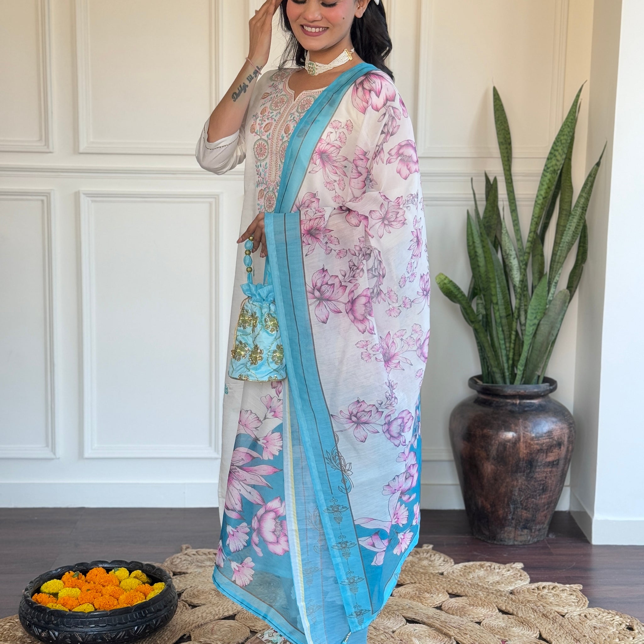 Off White Chanderi Embroidered and Print Work Pant Style Suit