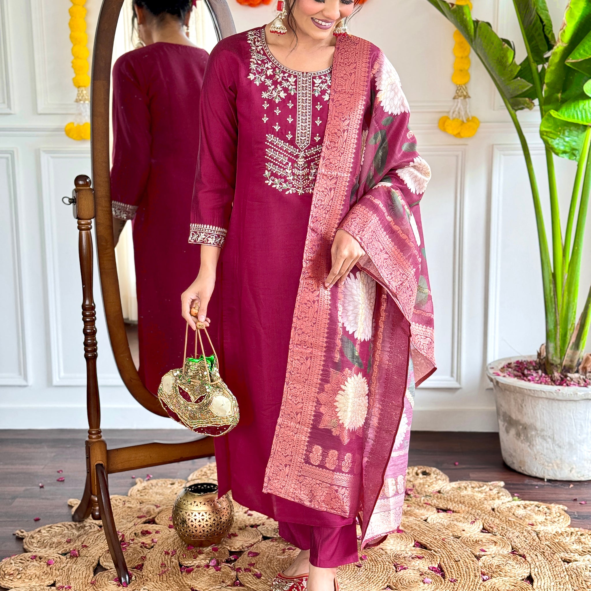 Viscose Chanderi Kurta Set With Dupatta