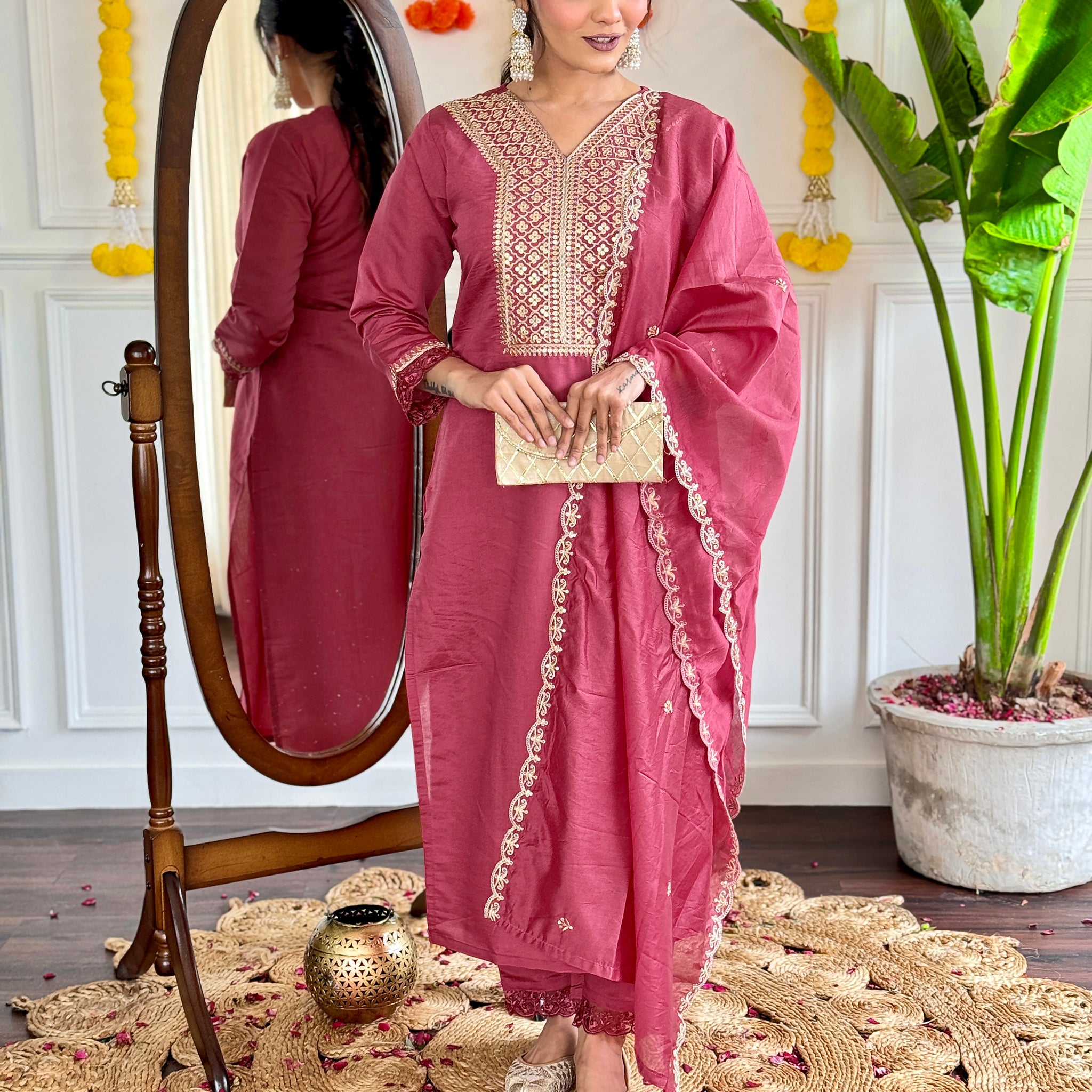 Yoke Embroidered Straight Kurta with Pants & Dupatta Set