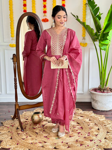 Yoke Embroidered Straight Kurta with Pants & Dupatta Set