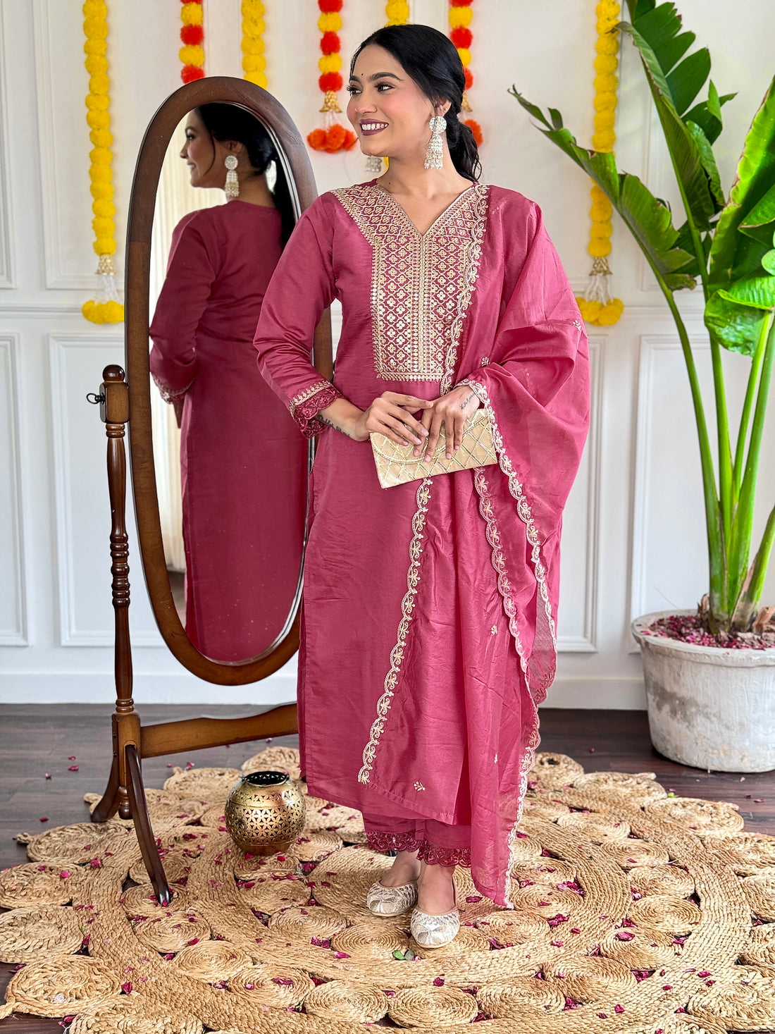 Yoke Embroidered Straight Kurta with Pants & Dupatta Set