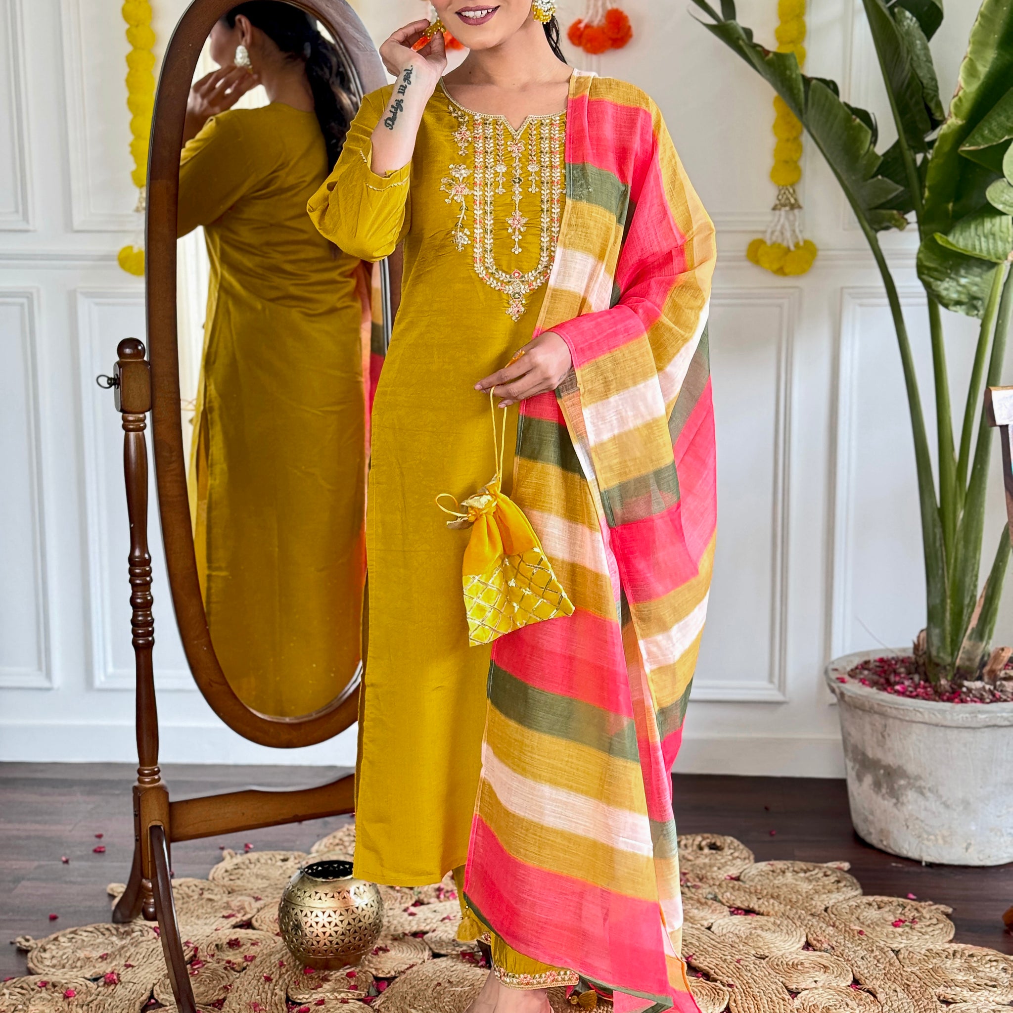 Yellow Viscose Chanderi Kurta Set With Dupatta