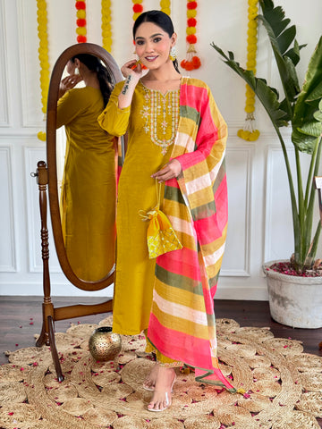 Yellow Viscose Chanderi Kurta Set With Dupatta