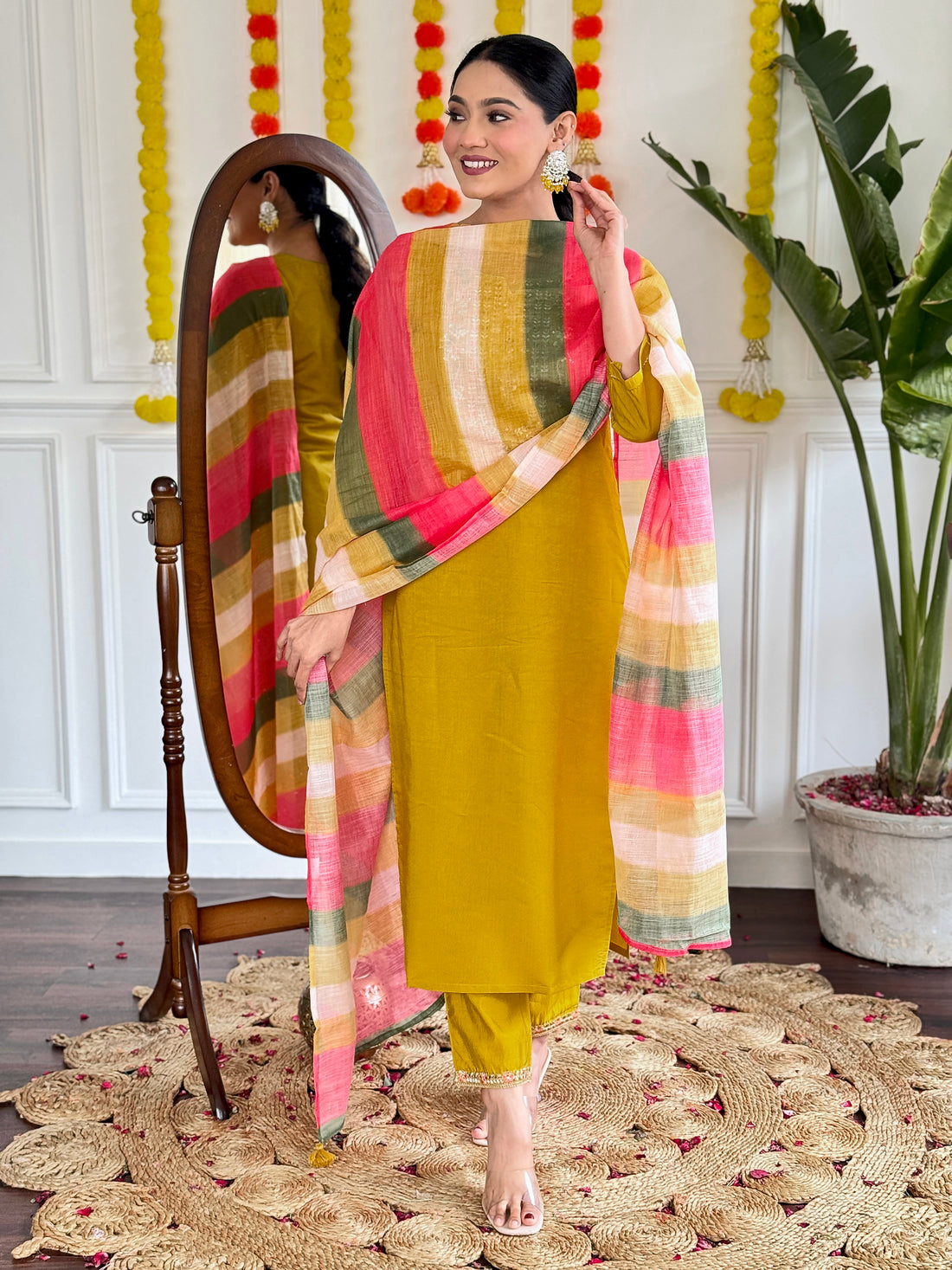 Yellow Viscose Chanderi Kurta Set With Dupatta