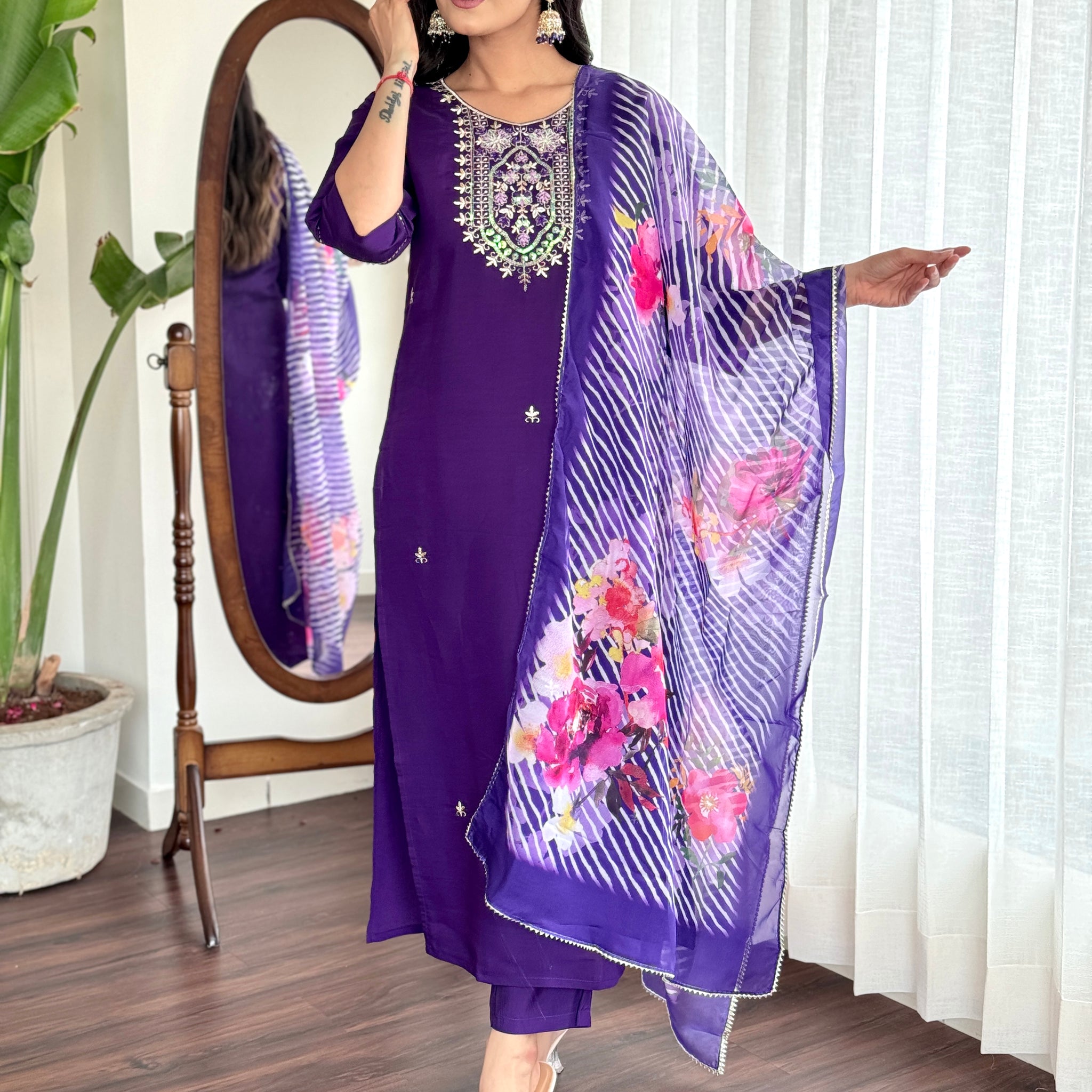 Purple Viscose Chanderi Kurta Set With Dupatta