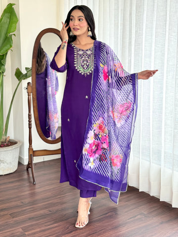 Purple Viscose Chanderi Kurta Set With Dupatta