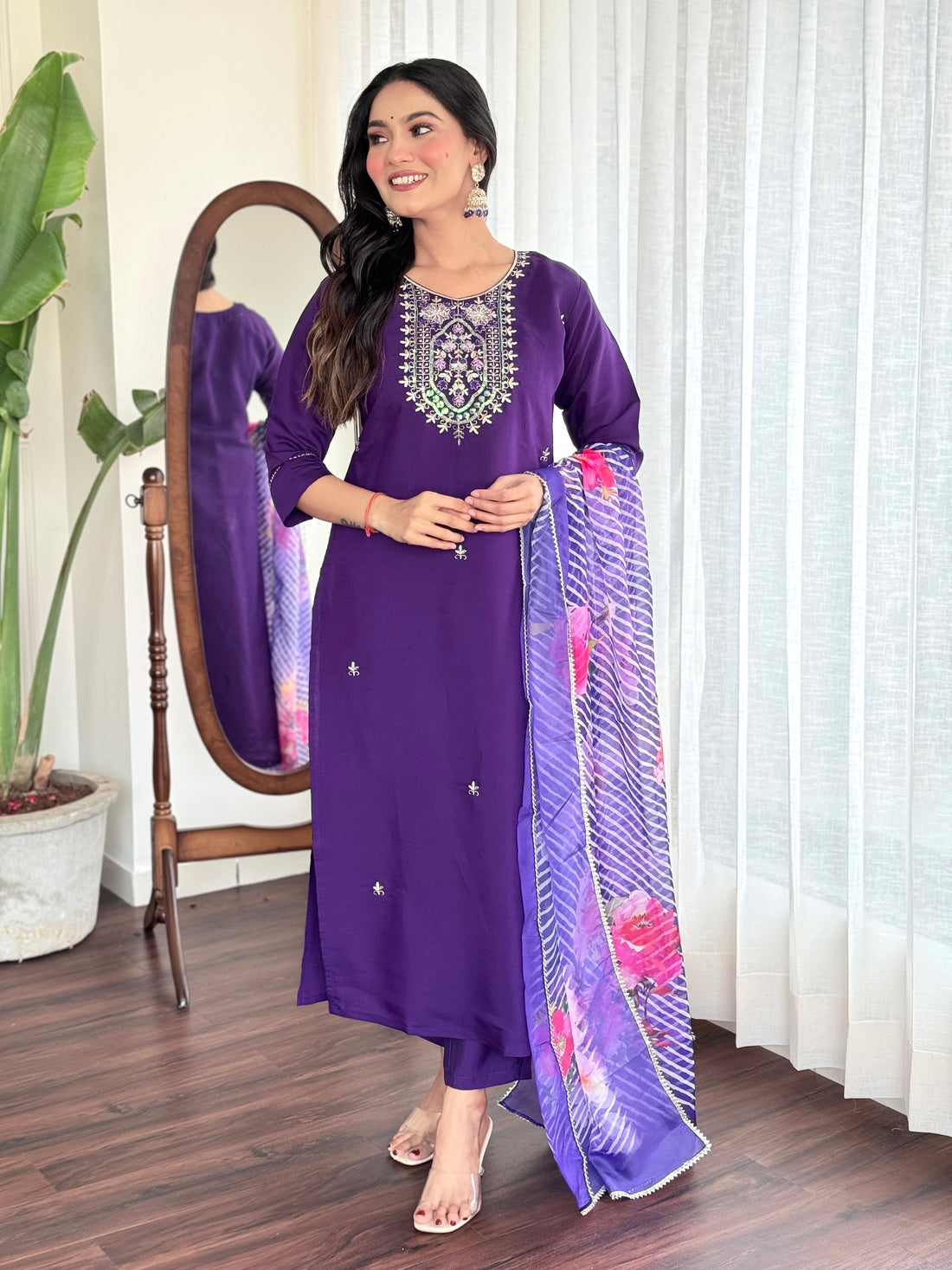 Purple Viscose Chanderi Kurta Set With Dupatta