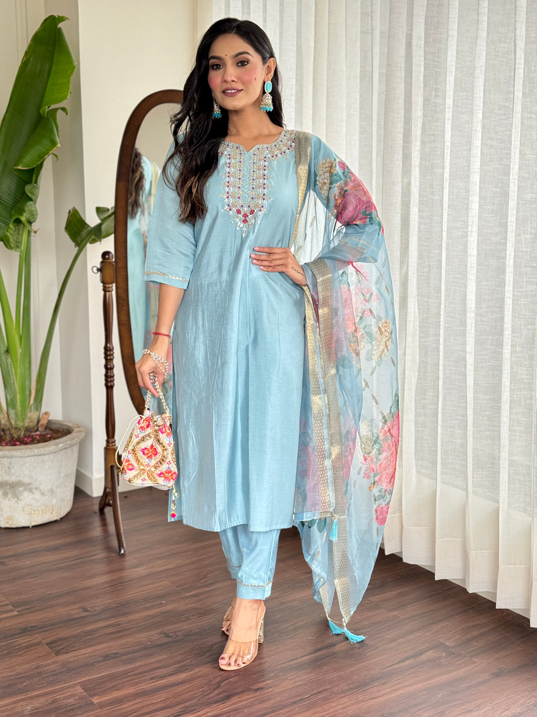 Women Embroidered Chanderi  SILK KURTA SET