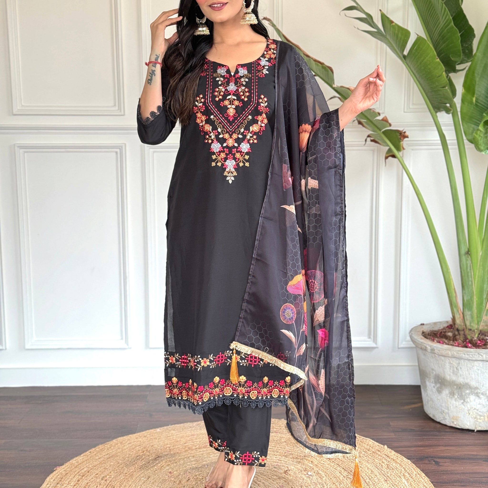 Black Viscose Chanderi Kurta Set With Dupatta