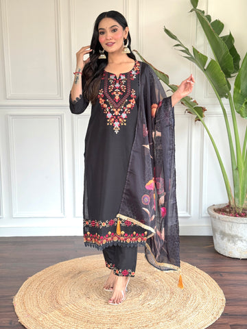 Black Viscose Chanderi Kurta Set With Dupatta