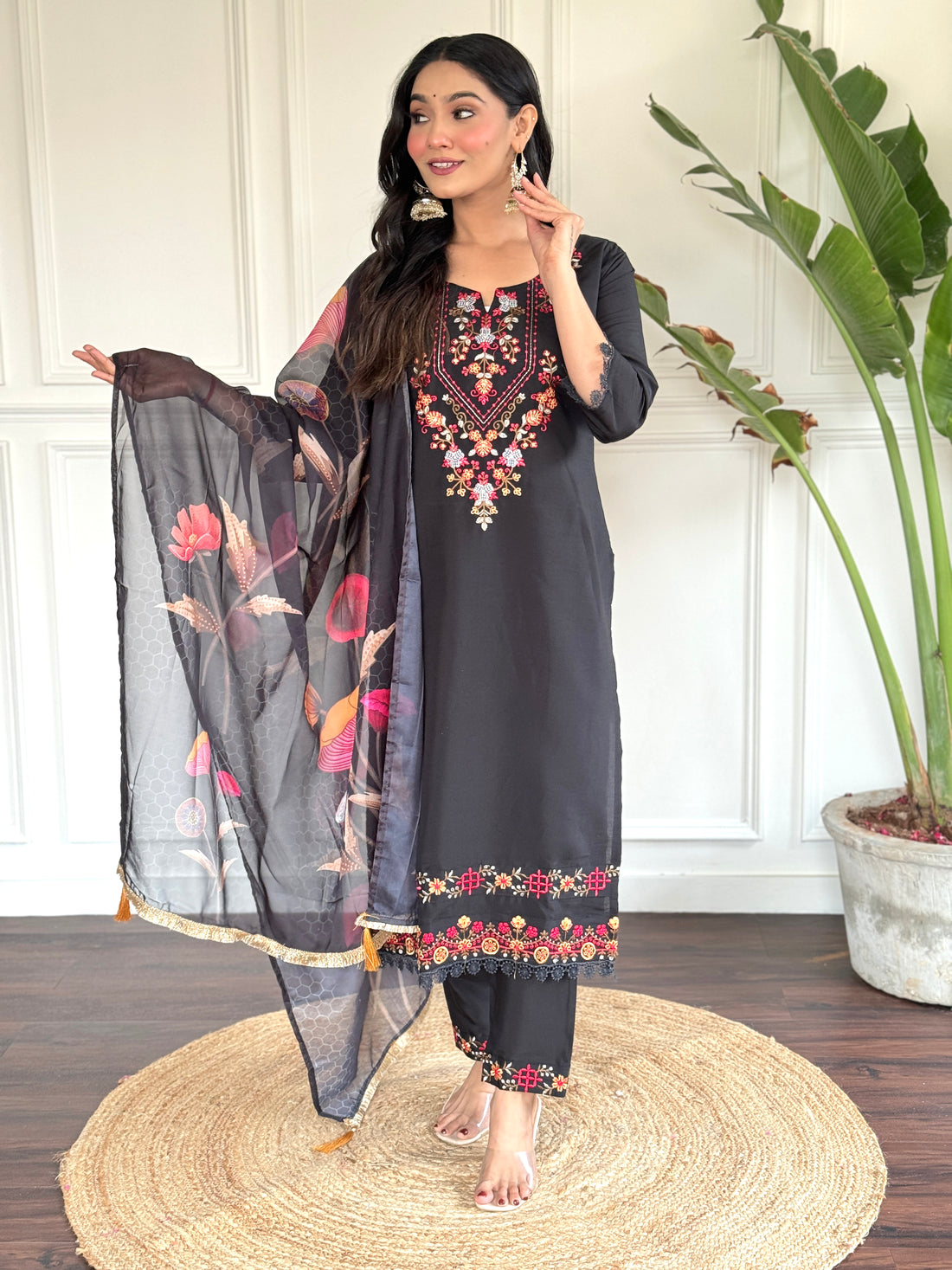 Black Viscose Chanderi Kurta Set With Dupatta