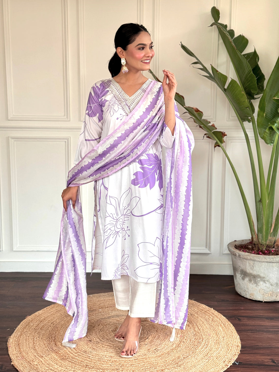 White Rayon Print  Kurta Set With Dupatta