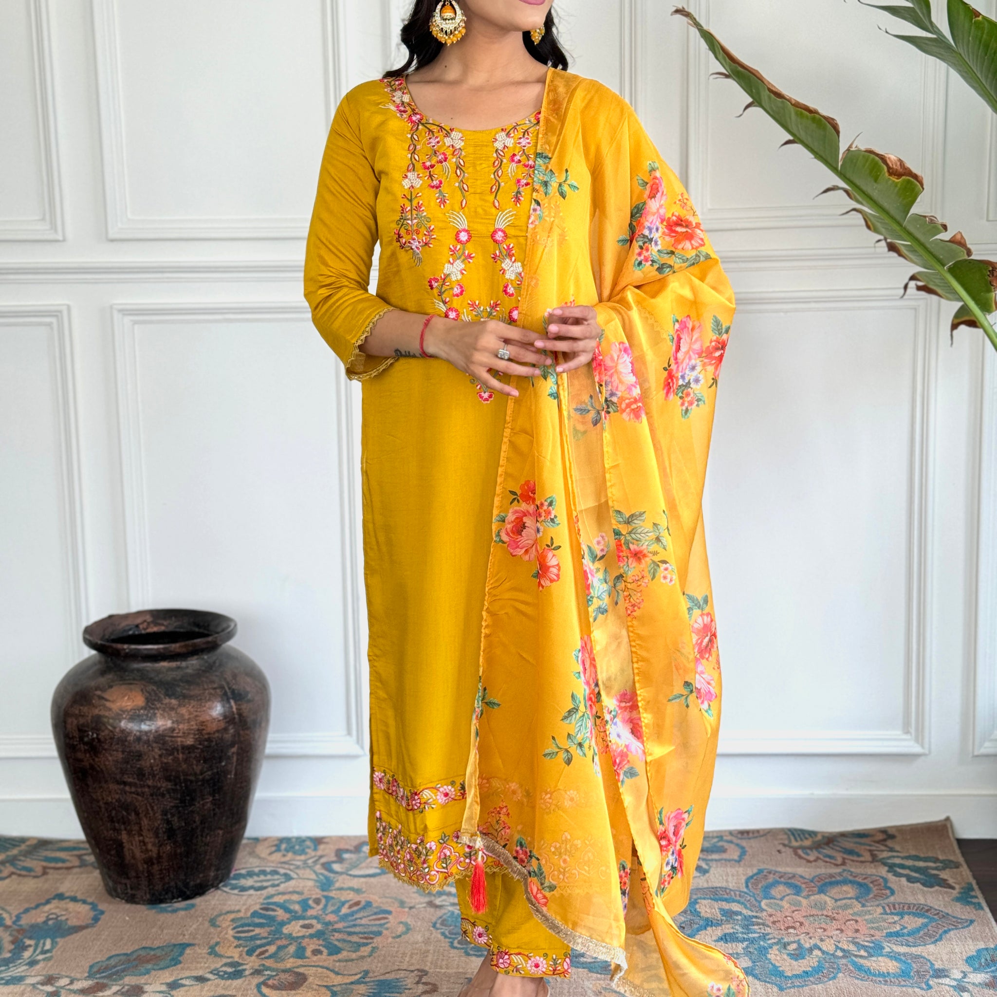 Yellow Viscose Chanderi Kurta Set With Dupatta