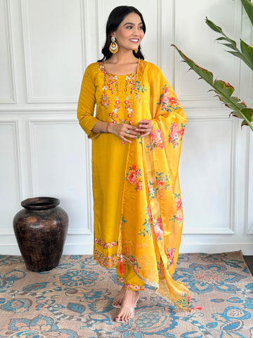 Yellow Viscose Chanderi Kurta Set With Dupatta