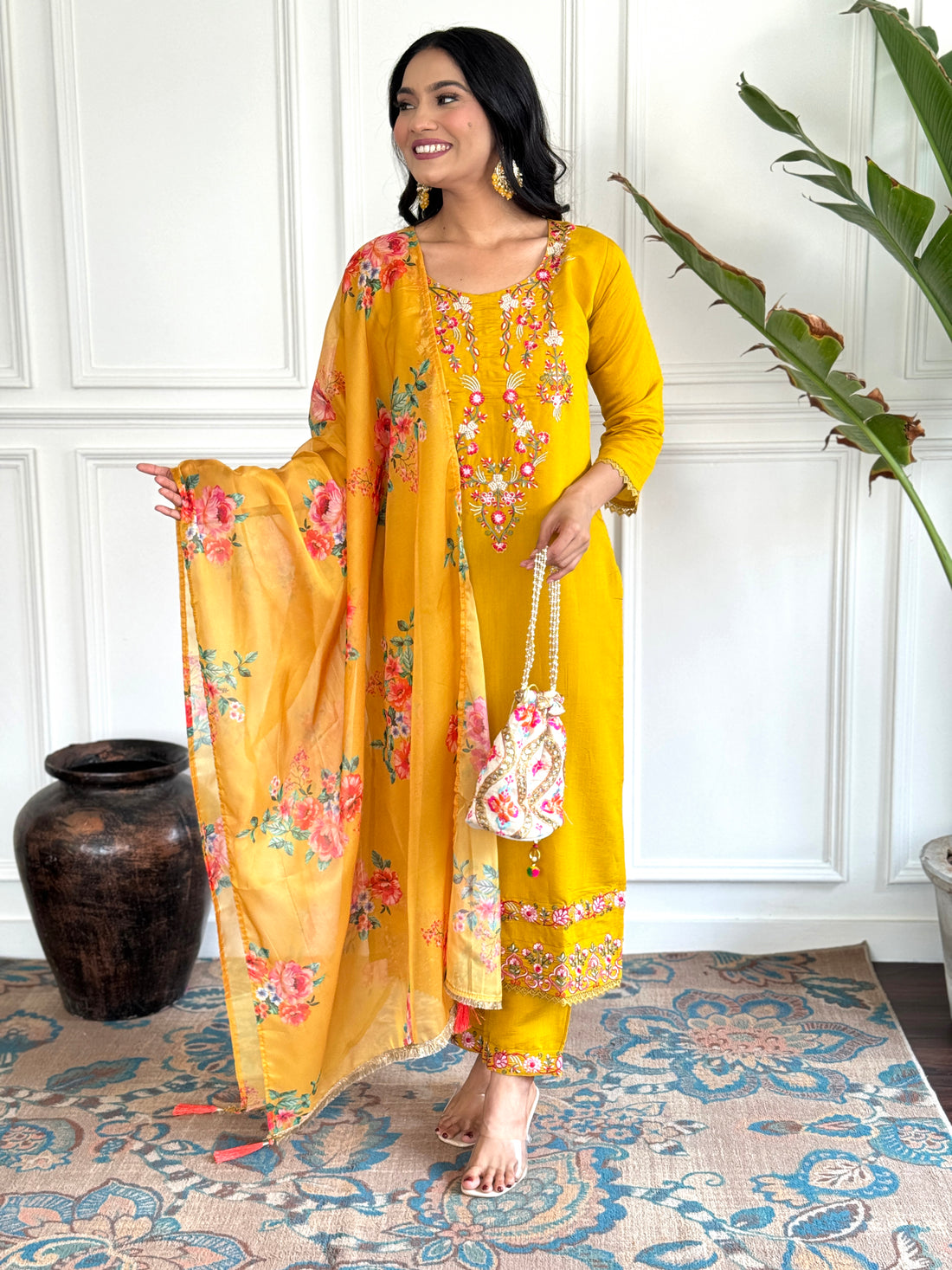 Yellow Viscose Chanderi Kurta Set With Dupatta