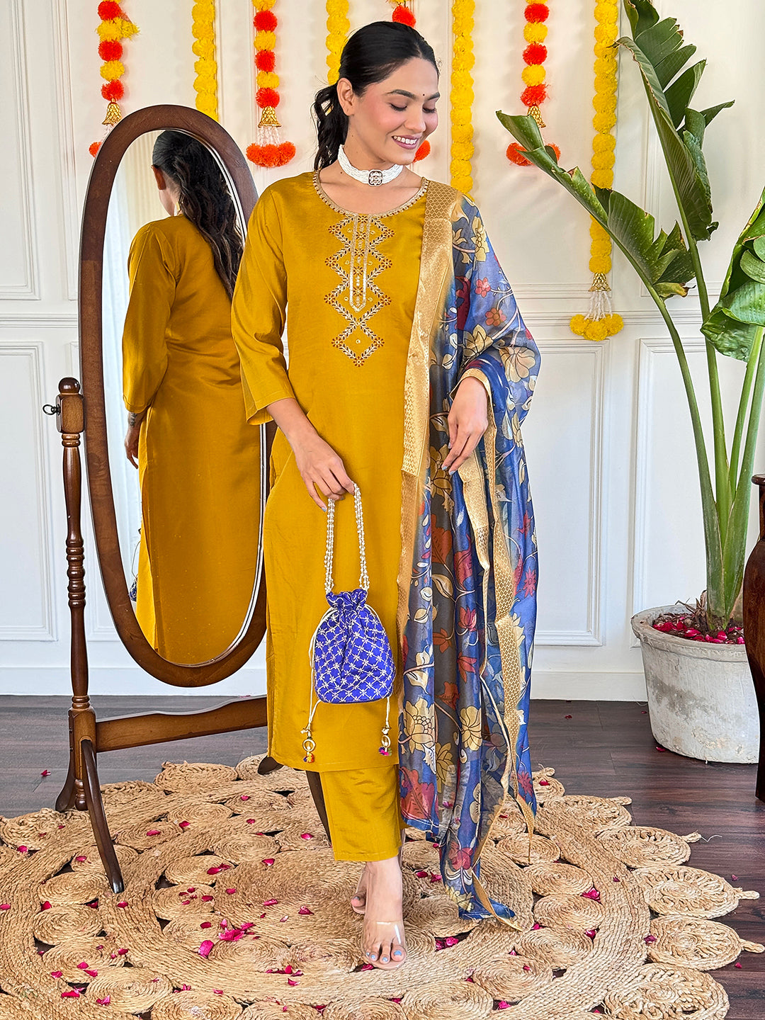 Yellow Viscose Chanderi Kurta Set With Dupatta