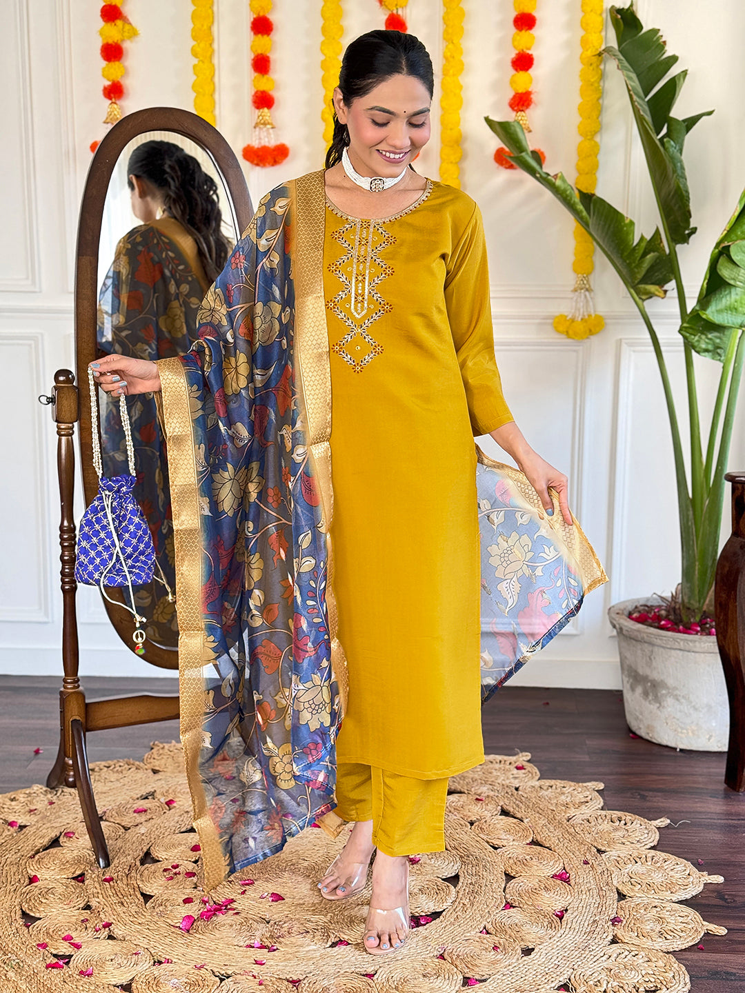 Yellow Viscose Chanderi Kurta Set With Dupatta