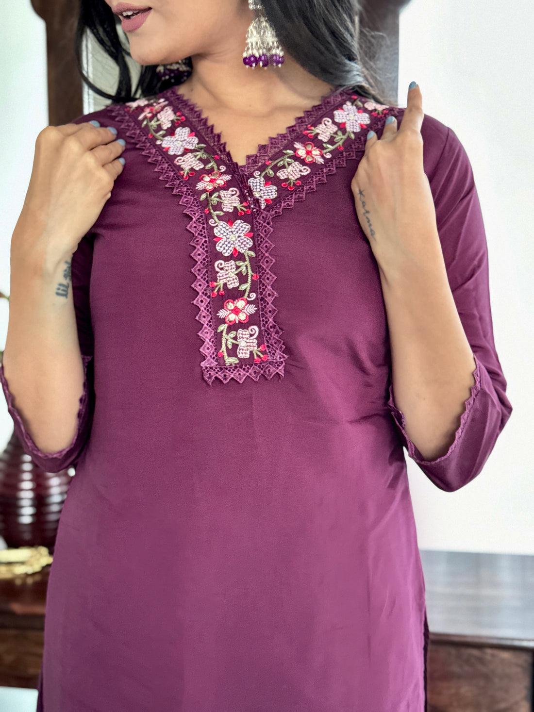 Deep Purple Viscose Chanderi Kurta Set With Dupatta