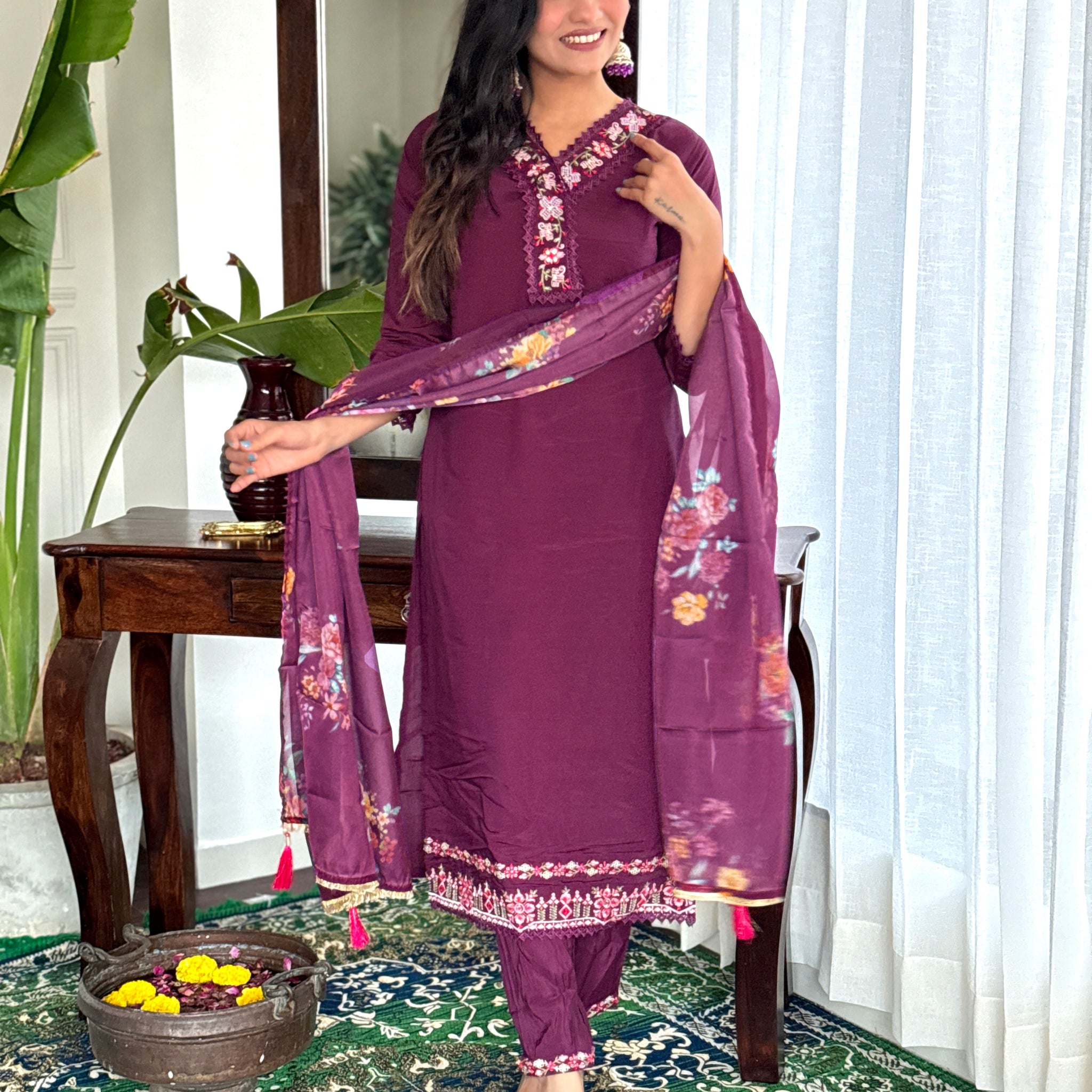 Deep Purple Viscose Chanderi Kurta Set With Dupatta