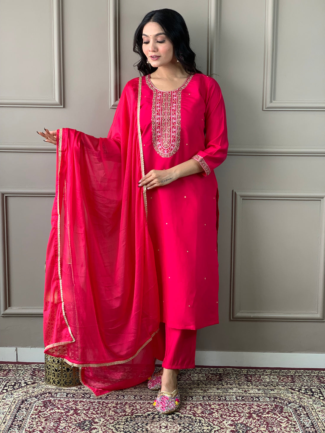 Viscose Chanderi Kurta Set with Embroidery