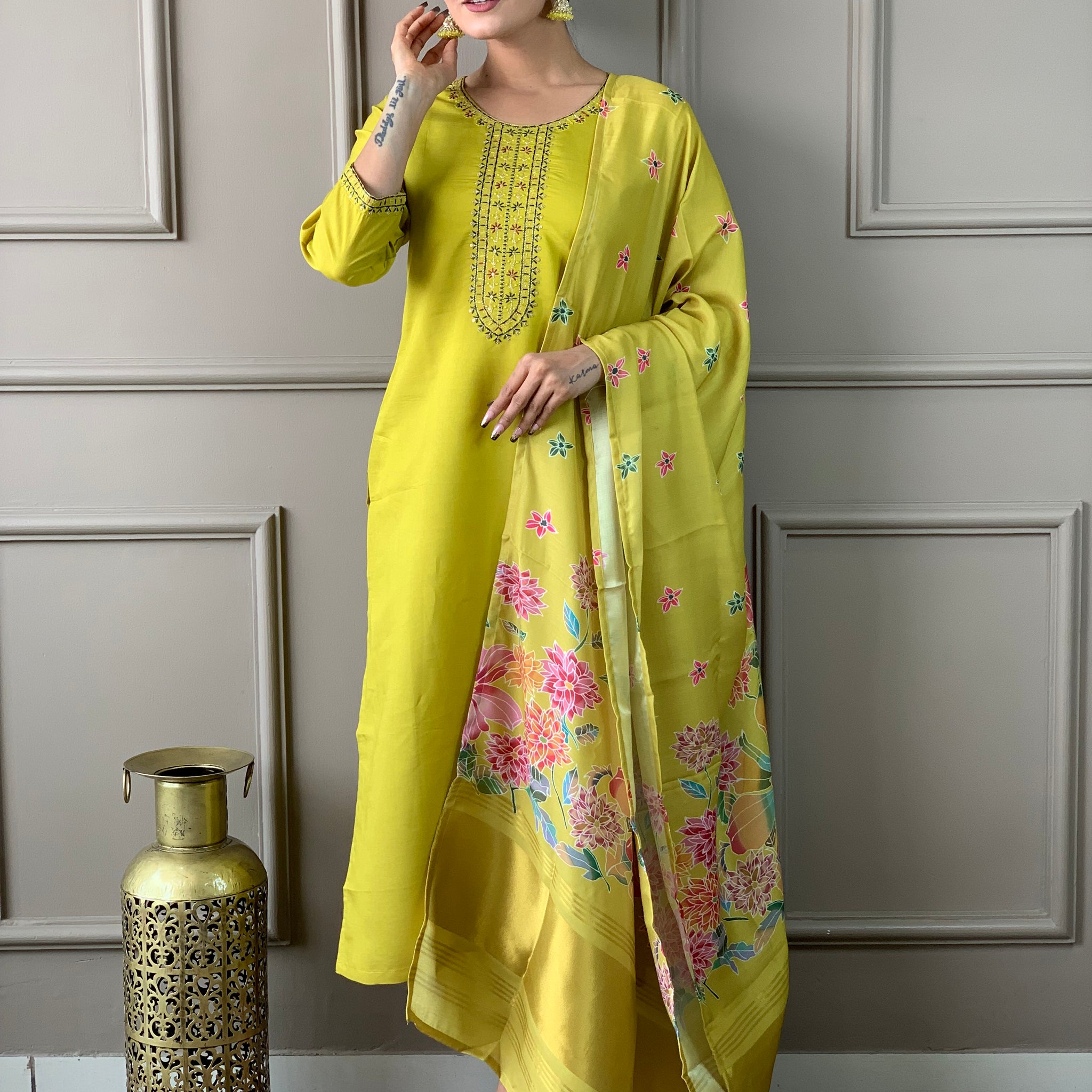 Viscose Chanderi Kurta Set With Dupatta