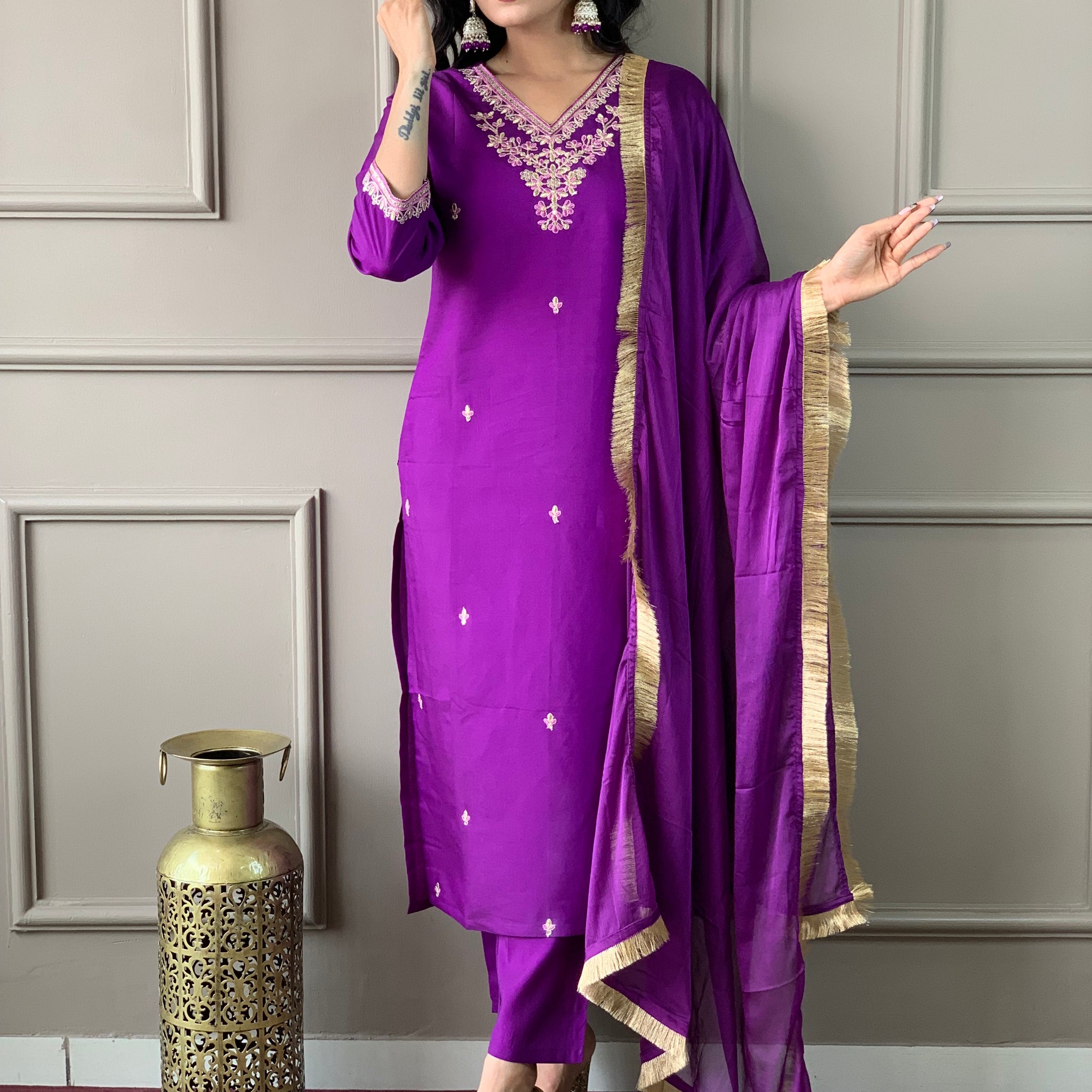 Viscose Chanderi Kurta Set With Dupatta