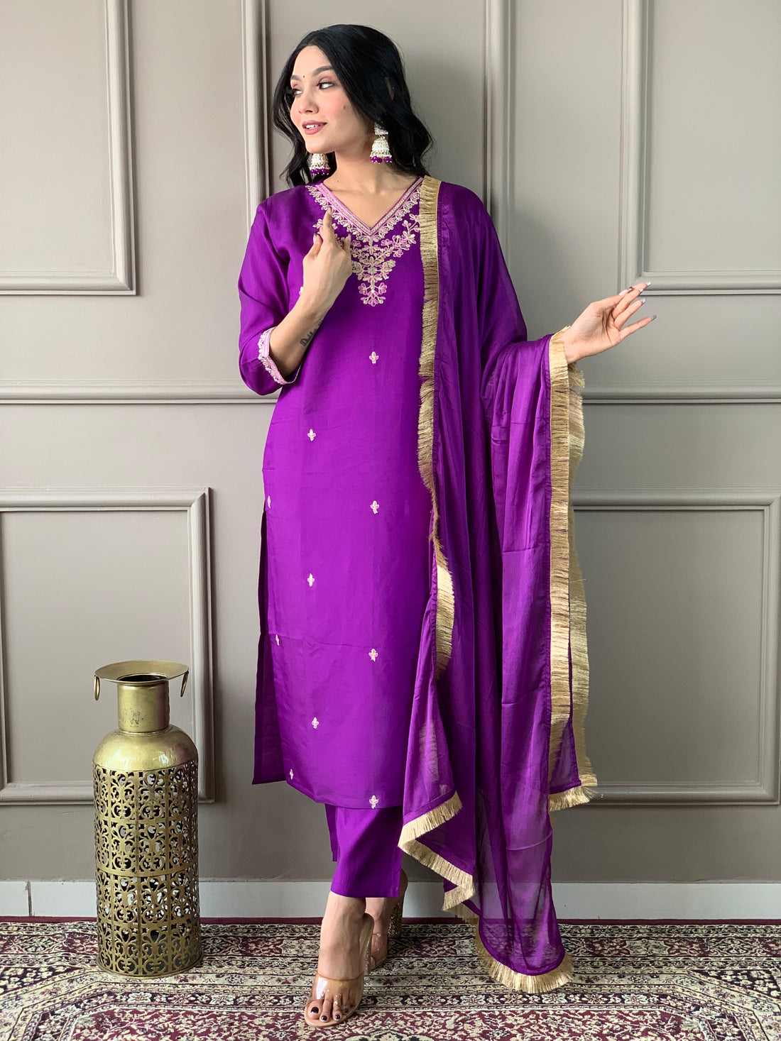 Viscose Chanderi Kurta Set With Dupatta