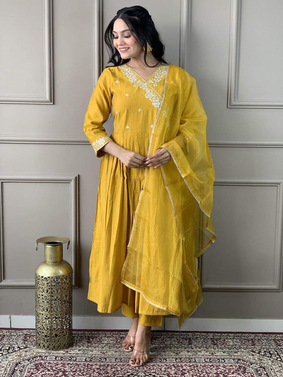Women Embroidered Pleated Thread Work Kurta with Trousers & With Dupatta