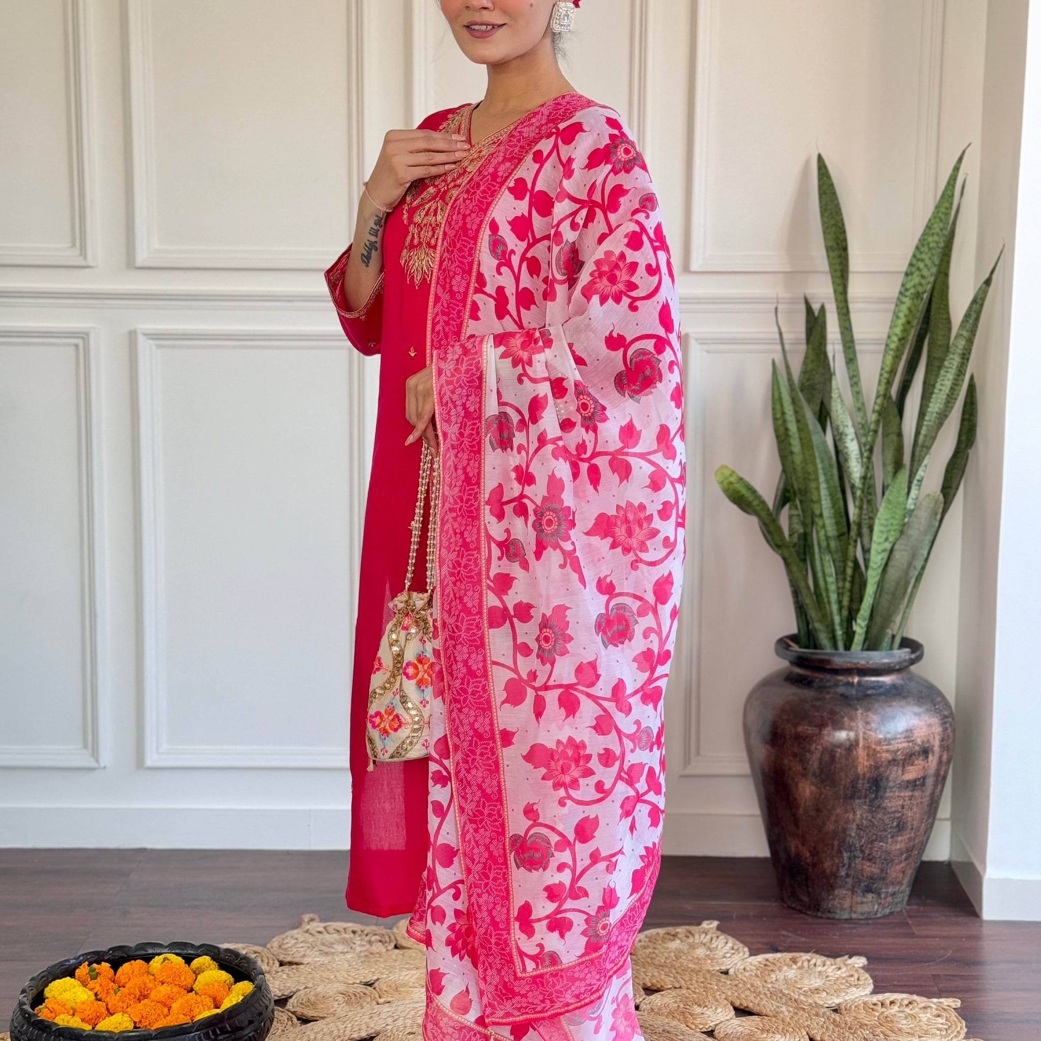 Viscose Chanderi Kurta Set With Dupatta