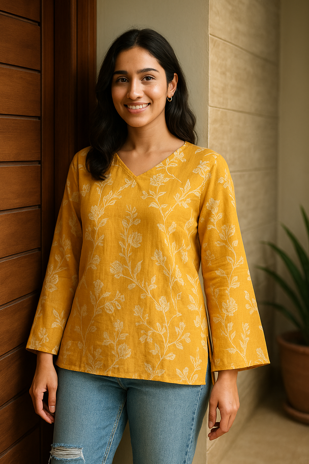 Floral Printed Cotton Kurti in Yellow