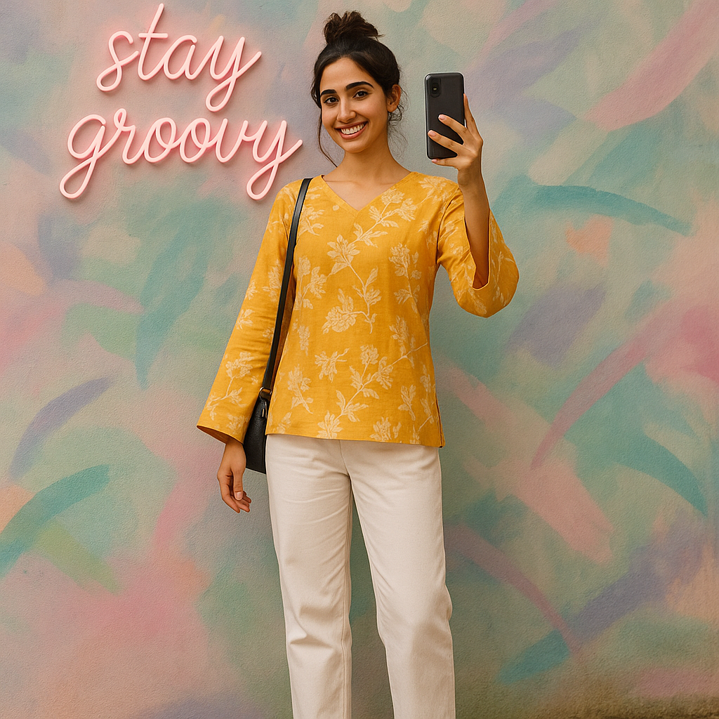 Floral Printed Cotton Kurti in Yellow