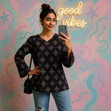 Ink Black Short Kurti with White Floral Print