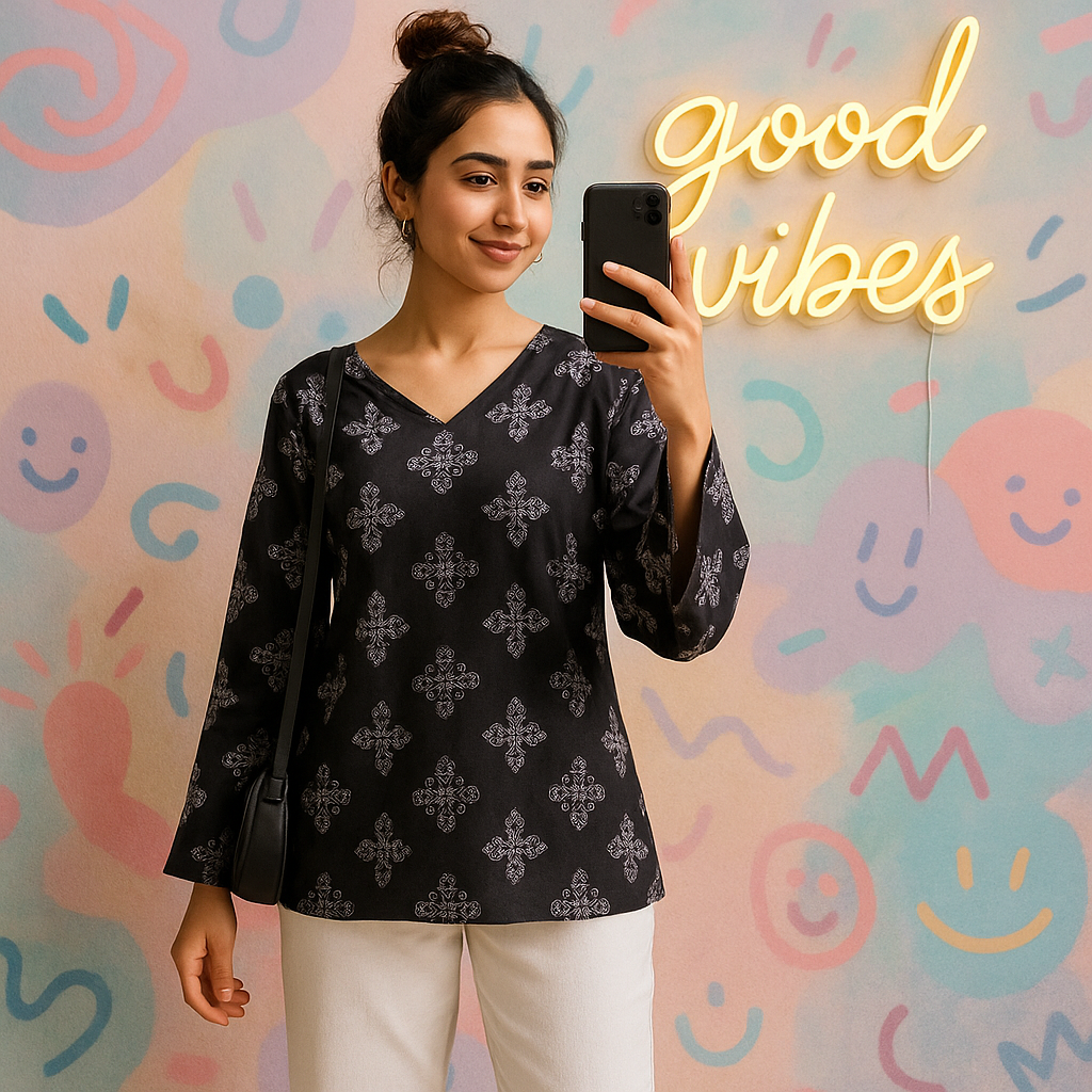Ink Black Short Kurti with White Floral Print