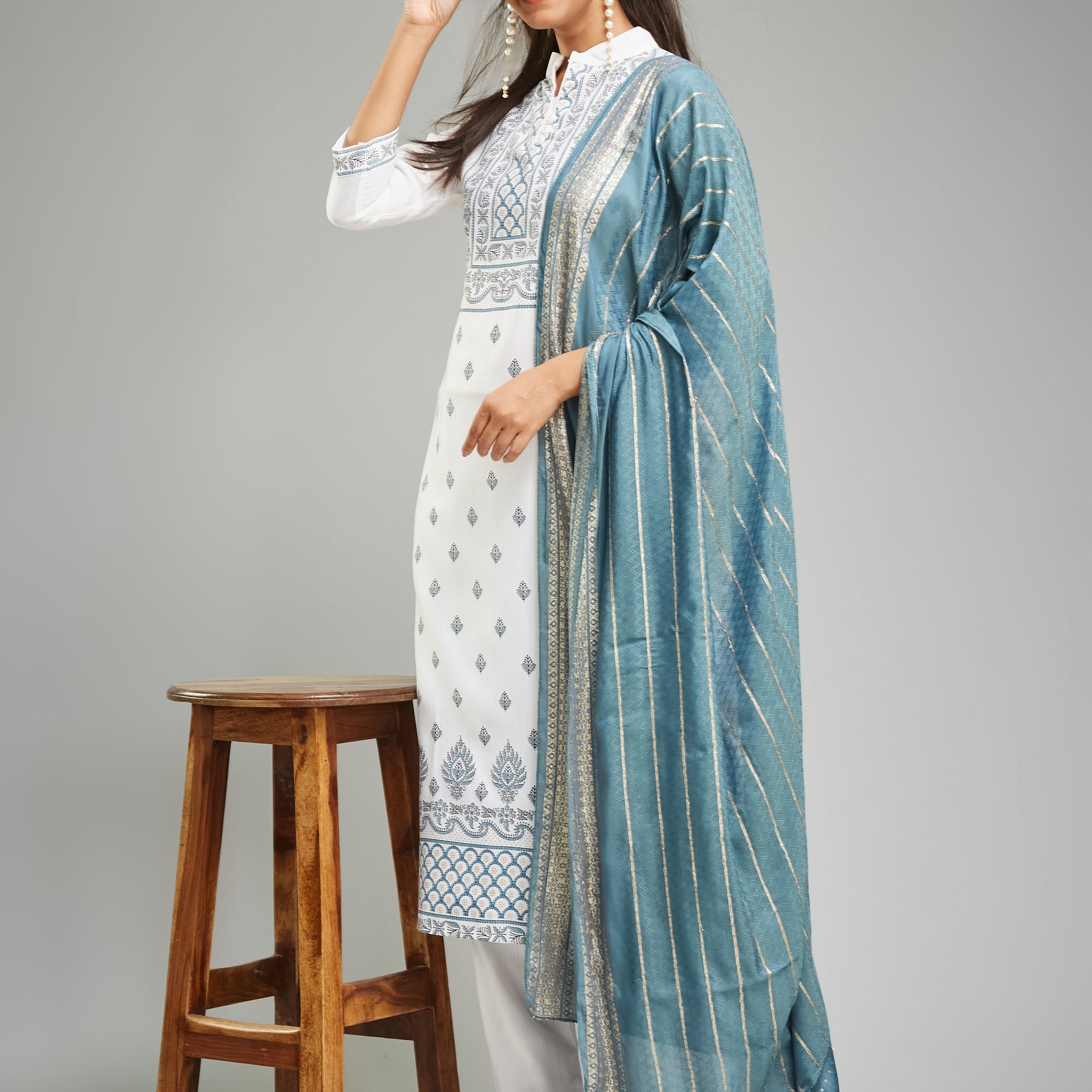 Rayon Khari Printed Kurta Set With Jacquard Dupatta