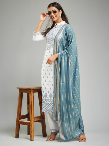 Rayon Khari Printed Kurta Set With Jacquard Dupatta