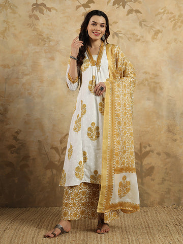 Cotton Blend Printed Kurta Set With Dupatta