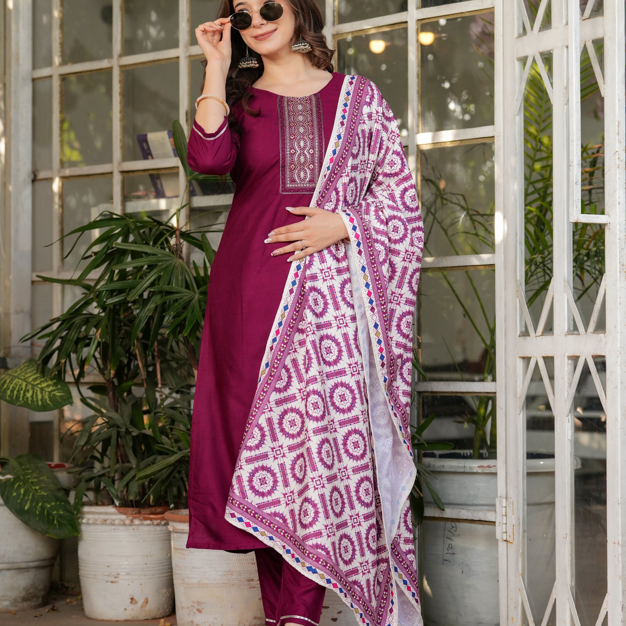 Rayon Embroidared Kurta Set With Muslin Printed Dupatta